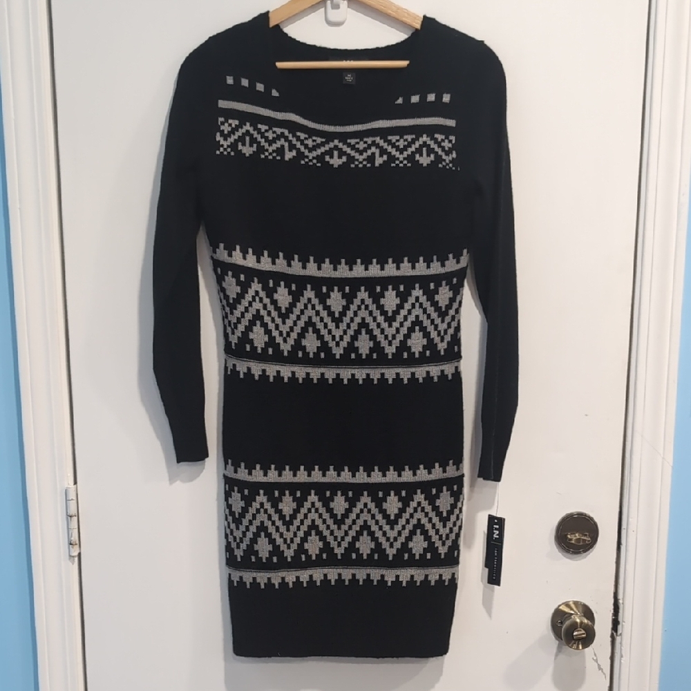 I.N. San Francisco New Fair Isle Style Geometric Knit Sweater Dress Sz Medium